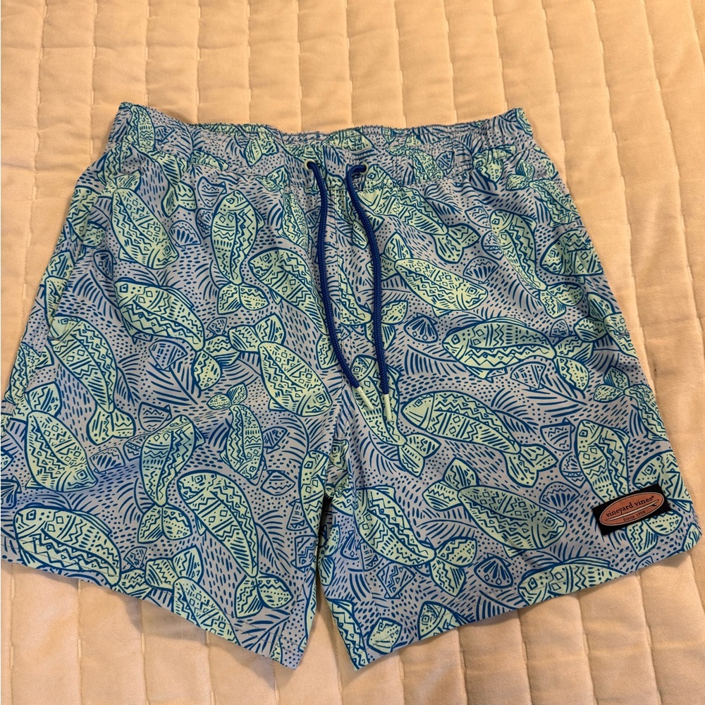 Vineyard Vines Blue and Green Fish Print Swim Trunks